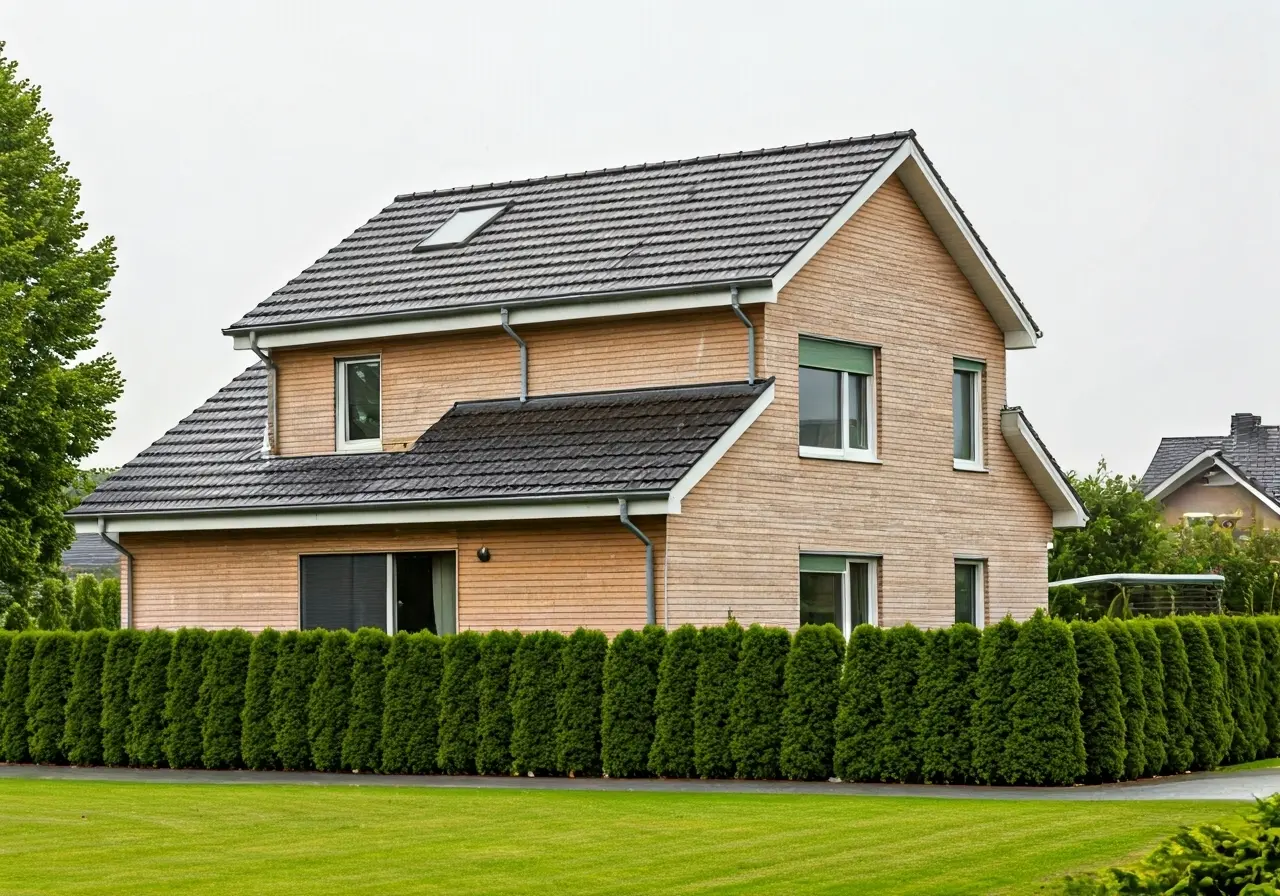 A modern home with solar roof tiles in rainy weather. 35mm stock photo