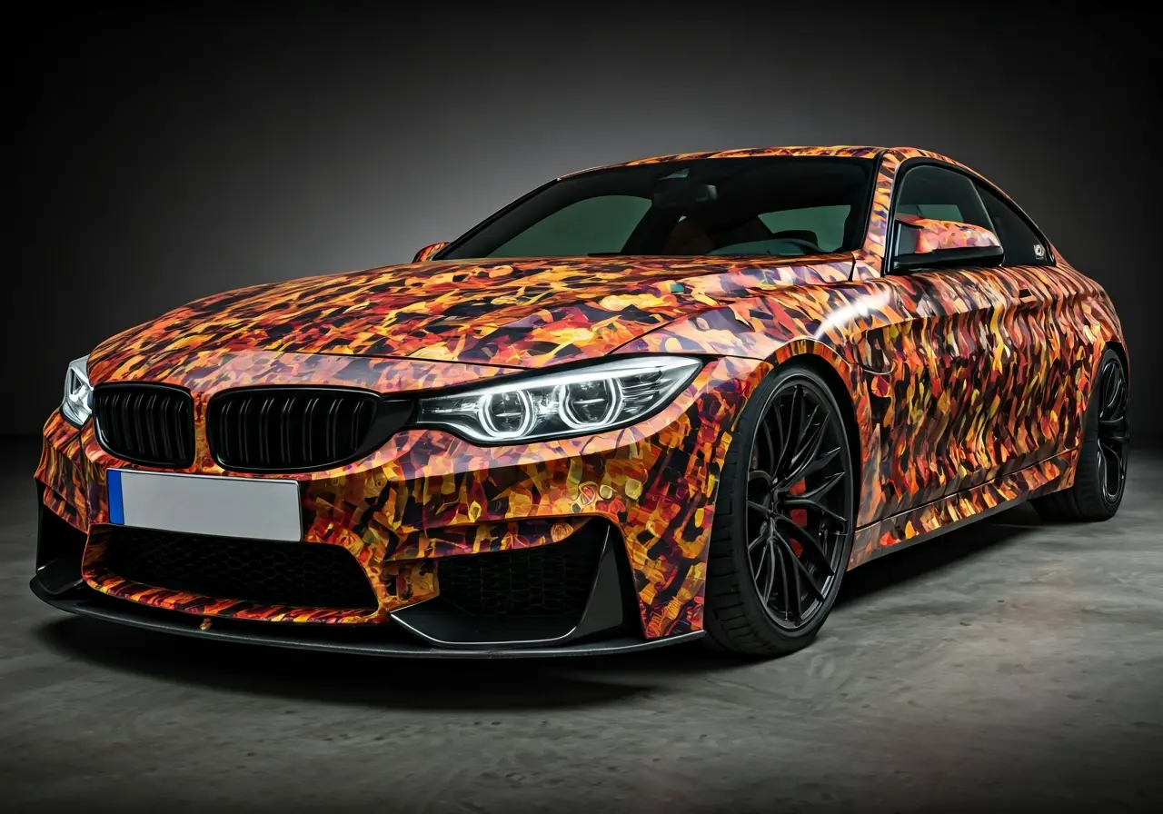 A close-up of a car with a colorful commercial wrap. 35mm stock photo