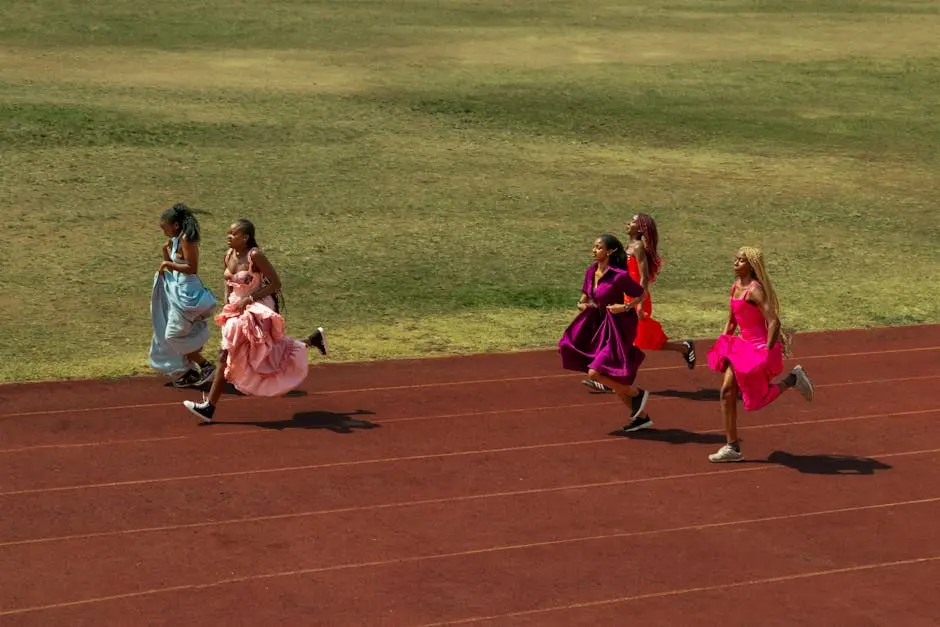 A unique scene of women in vibrant dresses sprinting on a track, merging fashion with sports.