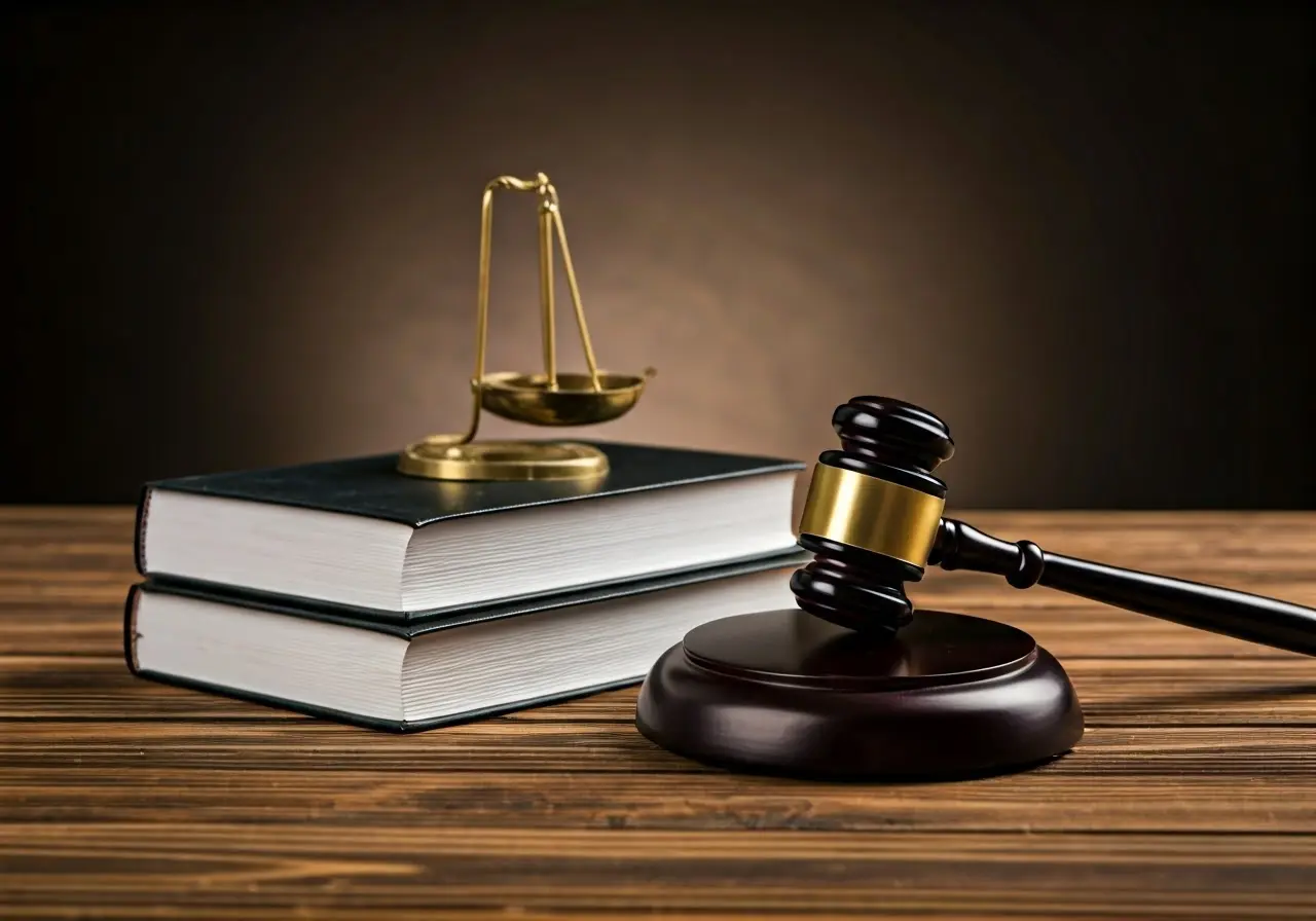 A gavel and law book on a wooden desk. 35mm stock photo