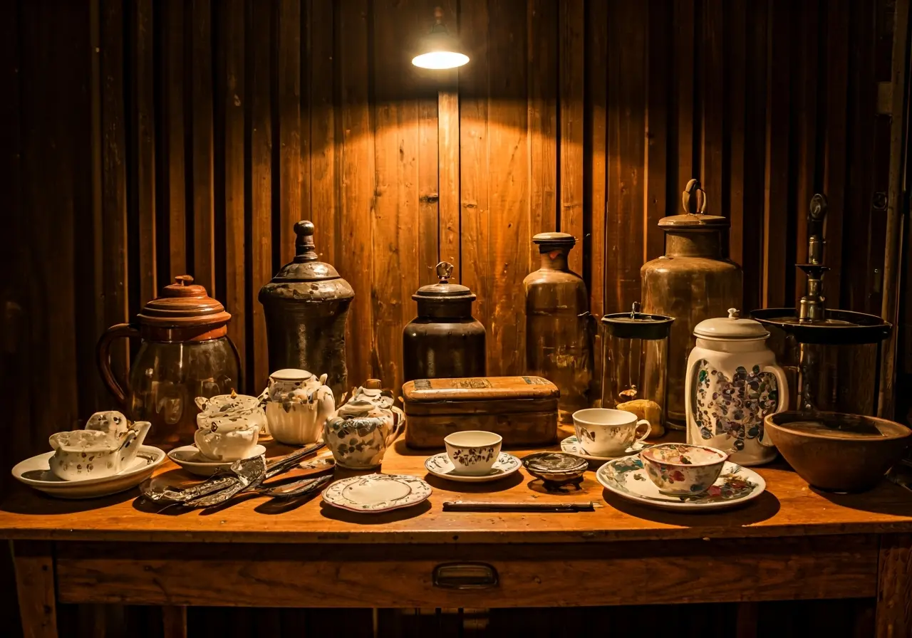 A table filled with vintage items in a cozy room. 35mm stock photo