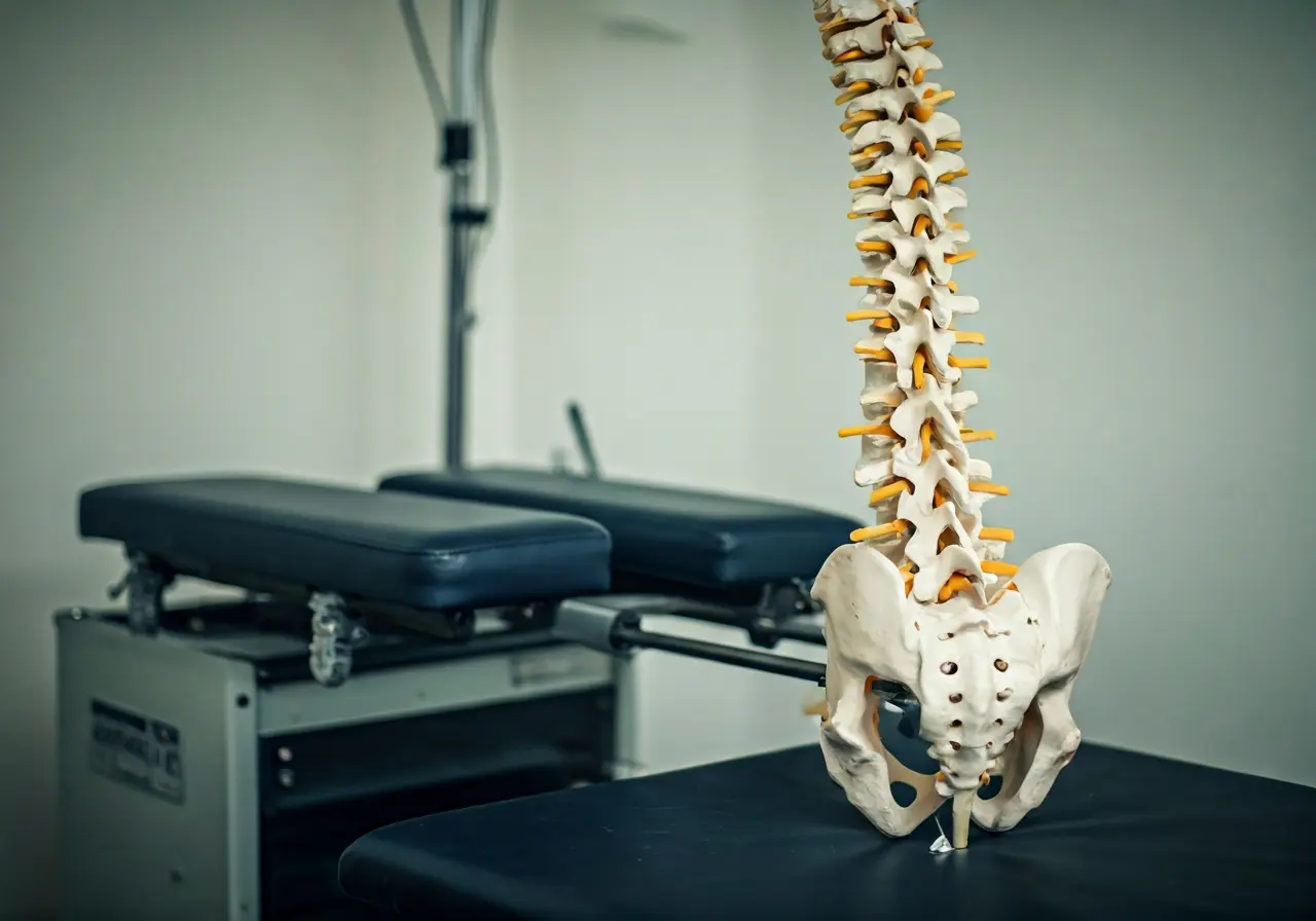 A spine model next to spinal decompression therapy equipment. 35mm stock photo