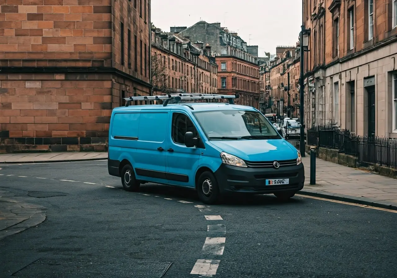 A plumber’s van parked on a quiet Glasgow street. 35mm stock photo