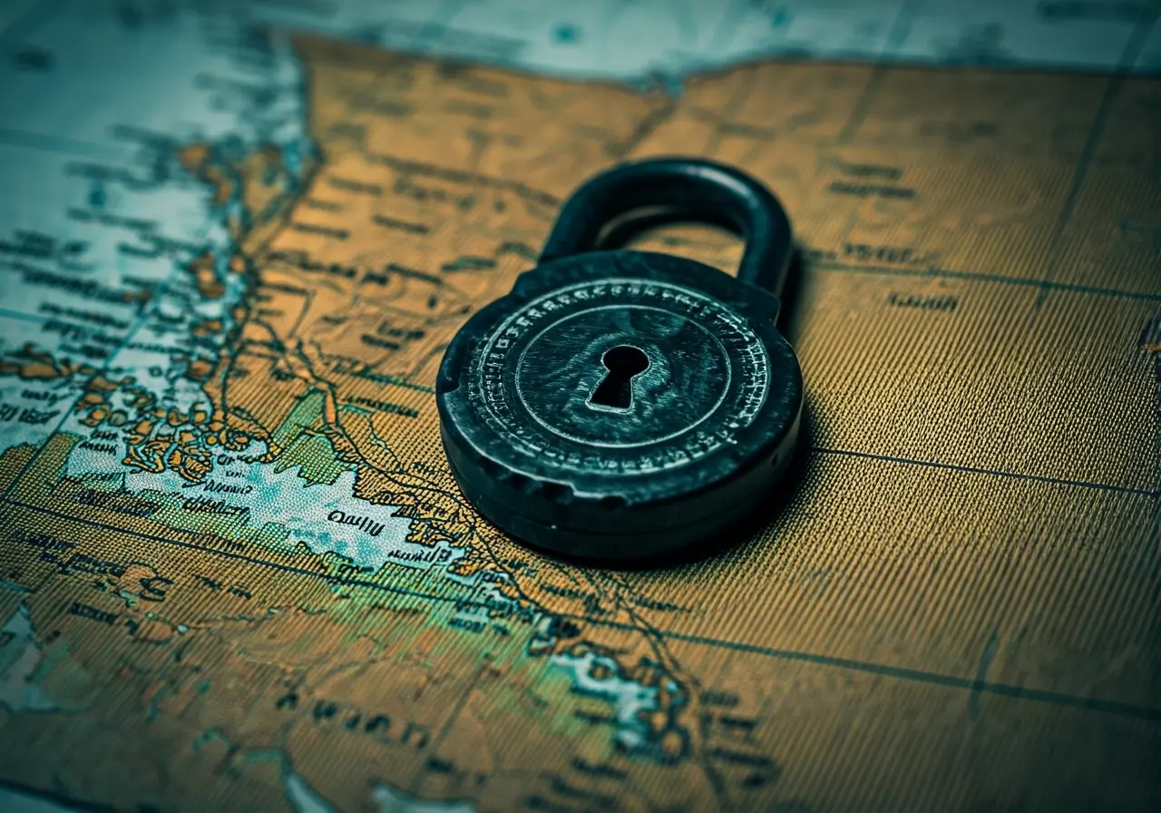 A digital lock over a map of the Pacific Northwest. 35mm stock photo