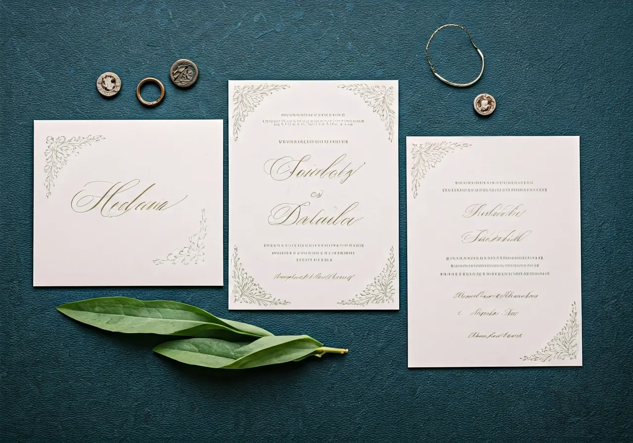 Elegant wedding invitations with ornate calligraphy and floral accents. 35mm stock photo