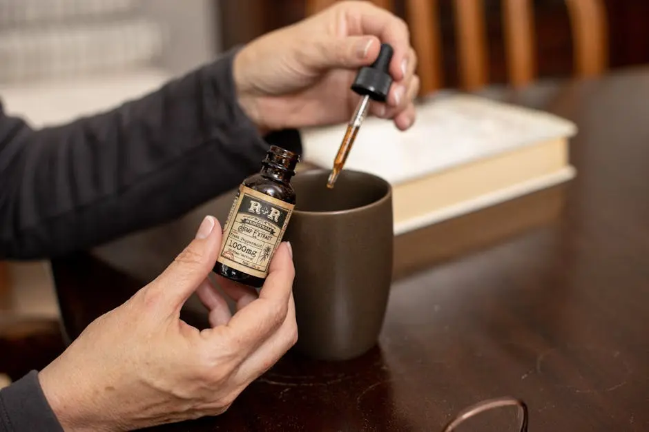 Close-up of hands using hemp extract oil with dropper into a cup indoors.
