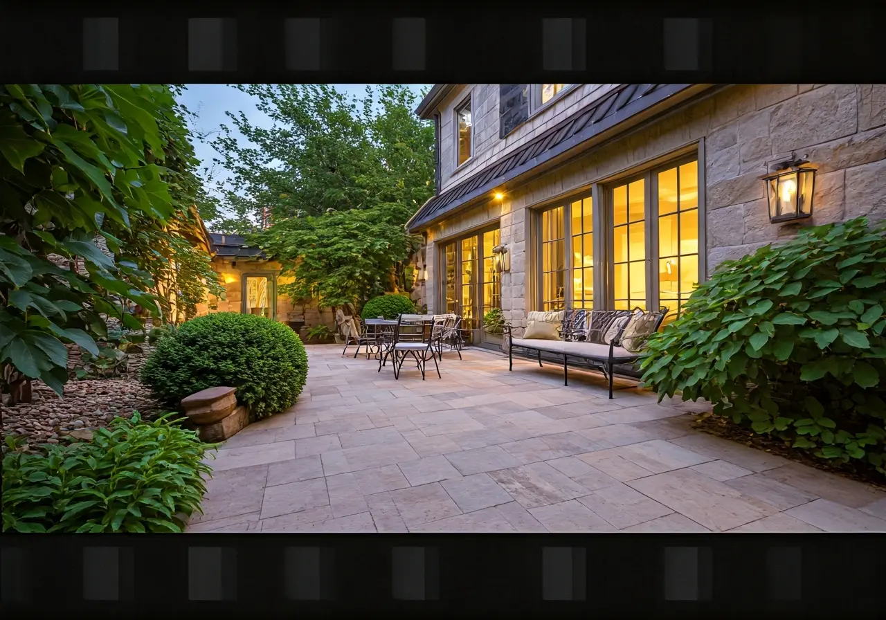 A tranquil patio with intricately crafted stonework and soft lighting. 35mm stock photo