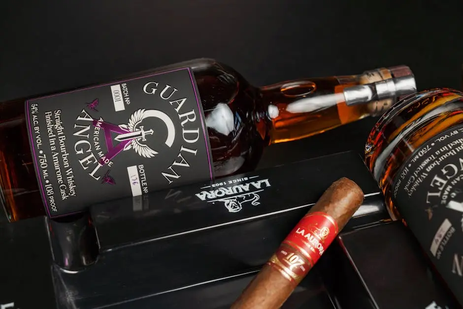 Premium Guardian Angel bourbon and cigar arrangement, reflecting upscale New Orleans nightlife ambiance.
