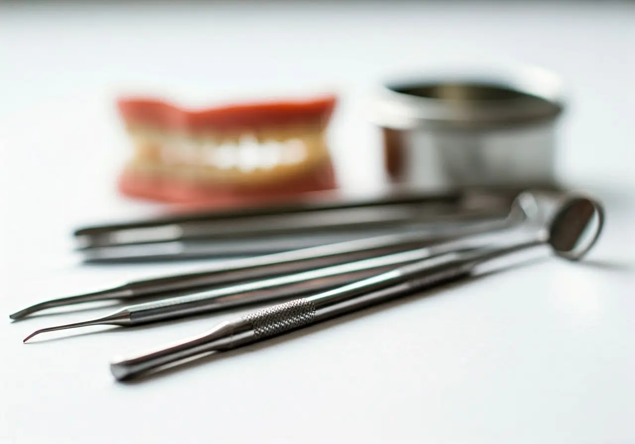 Dental tools neatly arranged on a clean white surface. 35mm stock photo