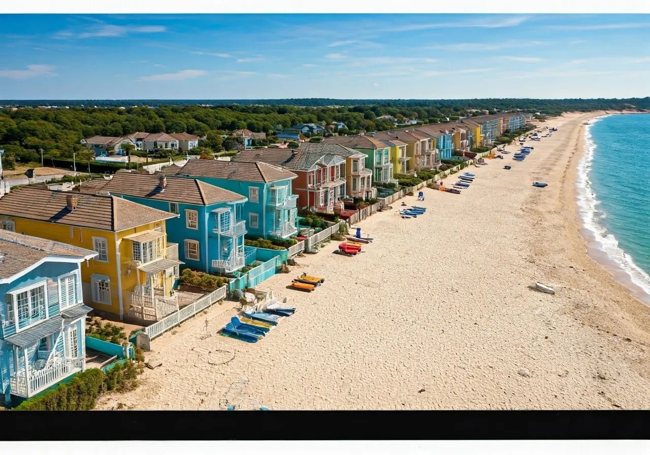 Aerial view of colorful vacation rentals near a scenic beach. 35mm stock photo