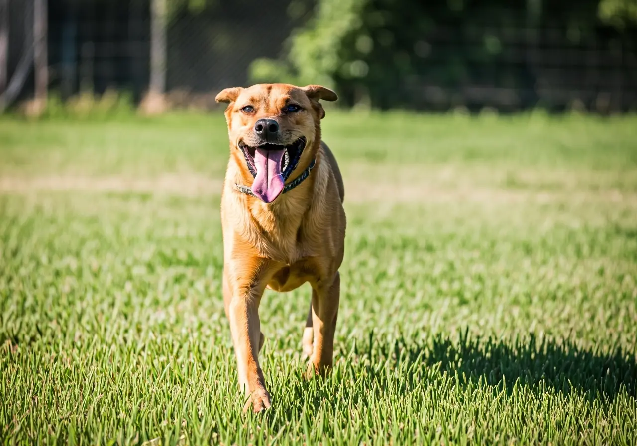 A happy dog playing in a training facility&rsquo;s yard. 35mm stock photo