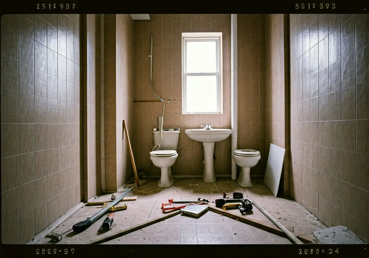 A cluttered bathroom with renovation tools scattered around. 35mm stock photo