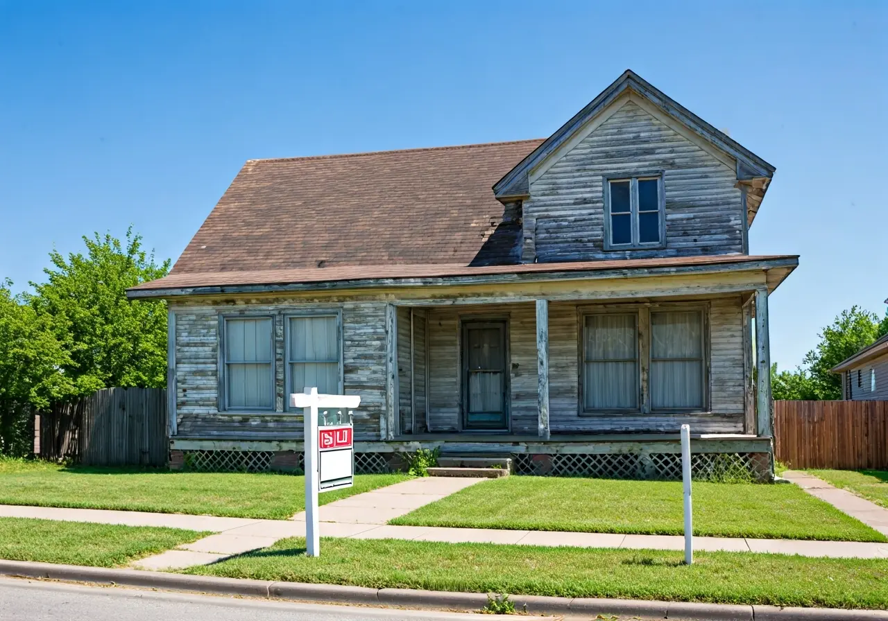 A run-down house with a For Sale sign outside. 35mm stock photo