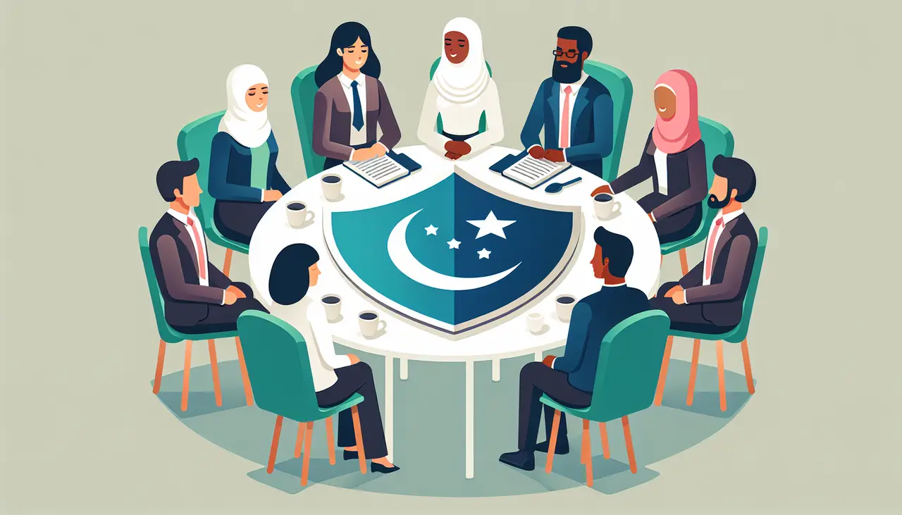 Draw a graphic in flat design style. Flat Design Style illustration of a diverse group of people sitting around a table with a large shield icon featuring a crescent moon and star in the center, symbolizing sharia-compliant insurance, against a calm, neutral background.