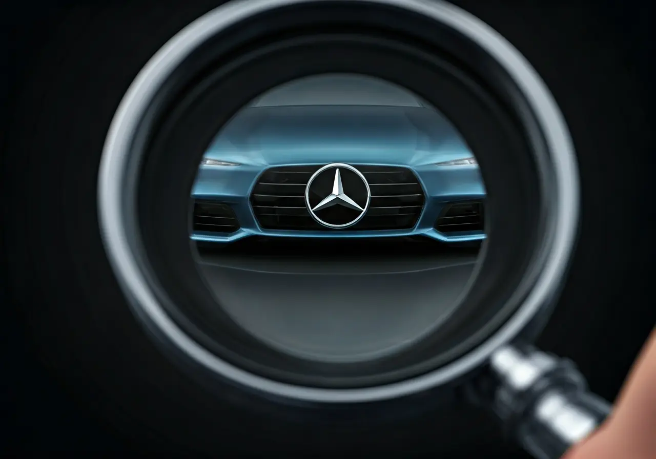 A car with a logo being inspected by a magnifying glass. 35mm stock photo