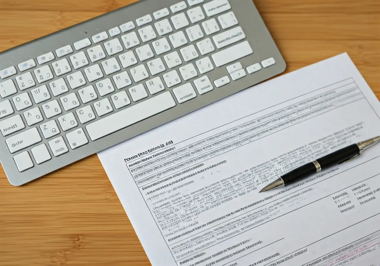 A computer keyboard with a financial aid document beside it. 35mm stock photo