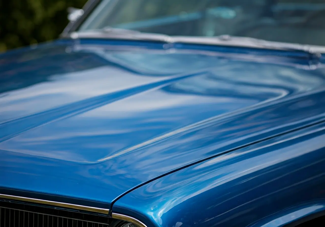 A shiny car hood reflecting a clear blue sky. 35mm stock photo