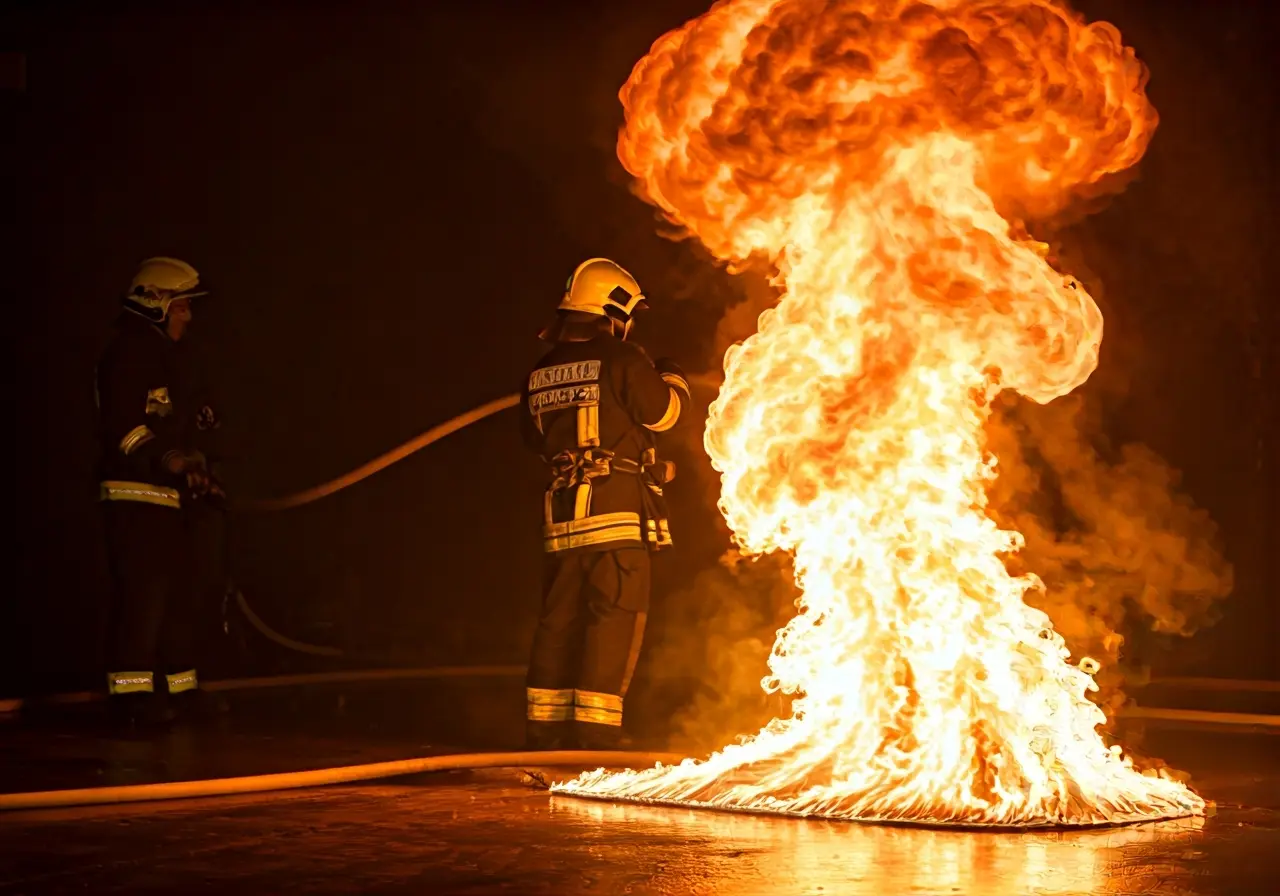 A firefighter extinguishing flames in a smoke-filled room. 35mm stock photo