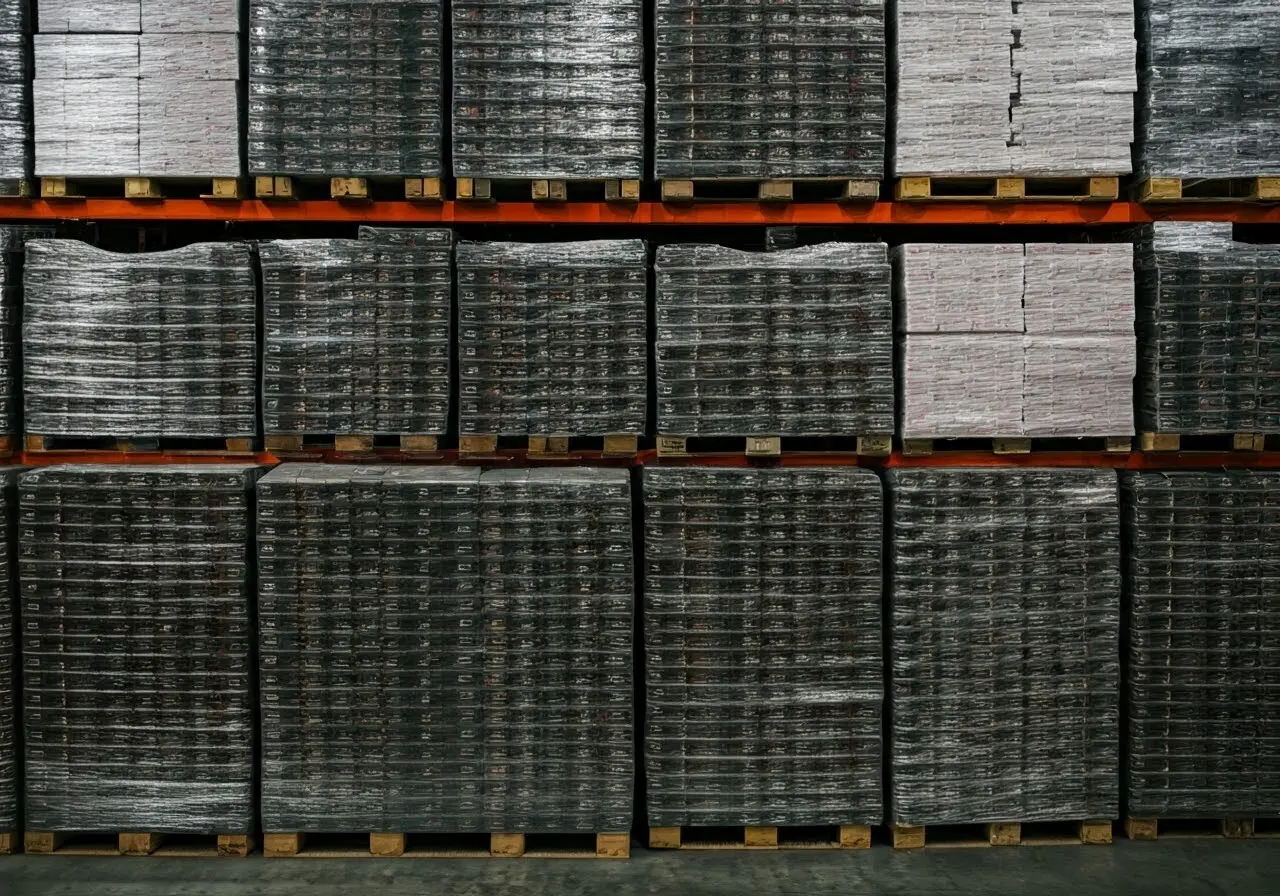 A warehouse filled with neatly stacked e-cigarette boxes. 35mm stock photo