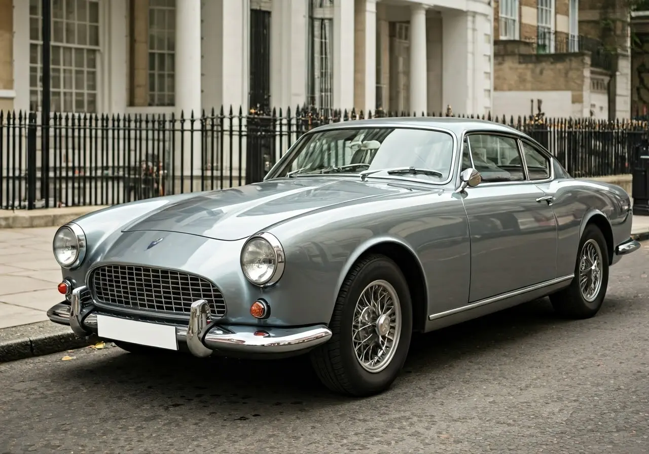 A shiny, meticulously detailed car parked on a London street. 35mm stock photo