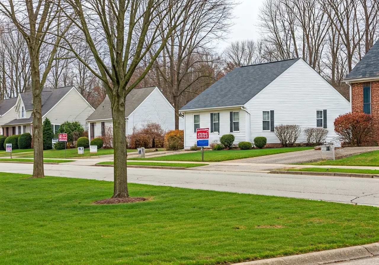 A suburban Maryland neighborhood with homes for sale signs. 35mm stock photo