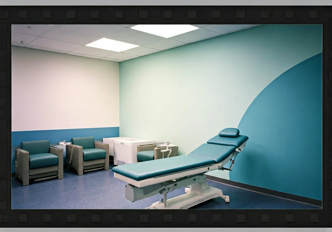A serene clinic interior with soothing blue and green tones. 35mm stock photo