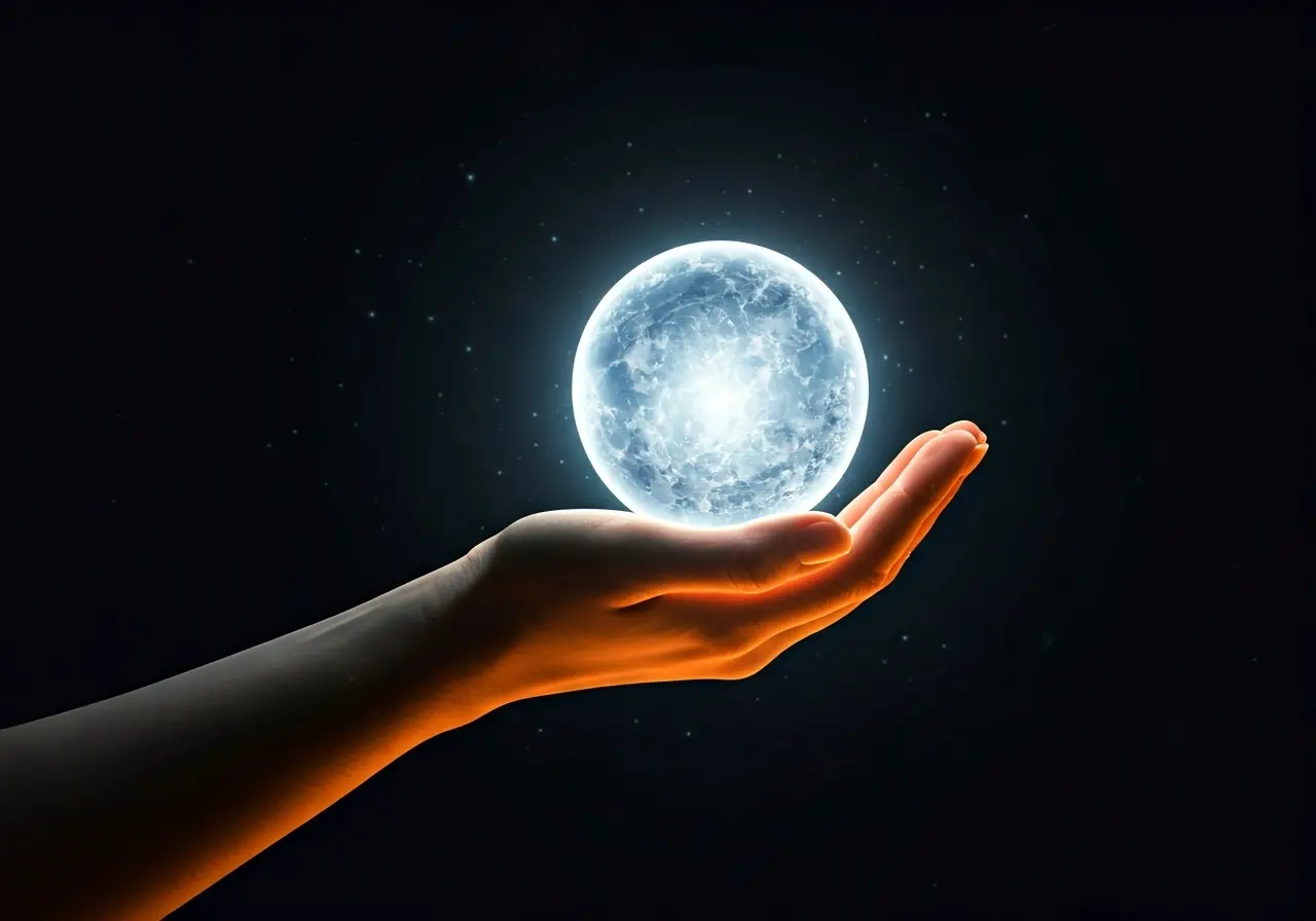 A glowing hand holding a bright, ethereal orb. 35mm stock photo