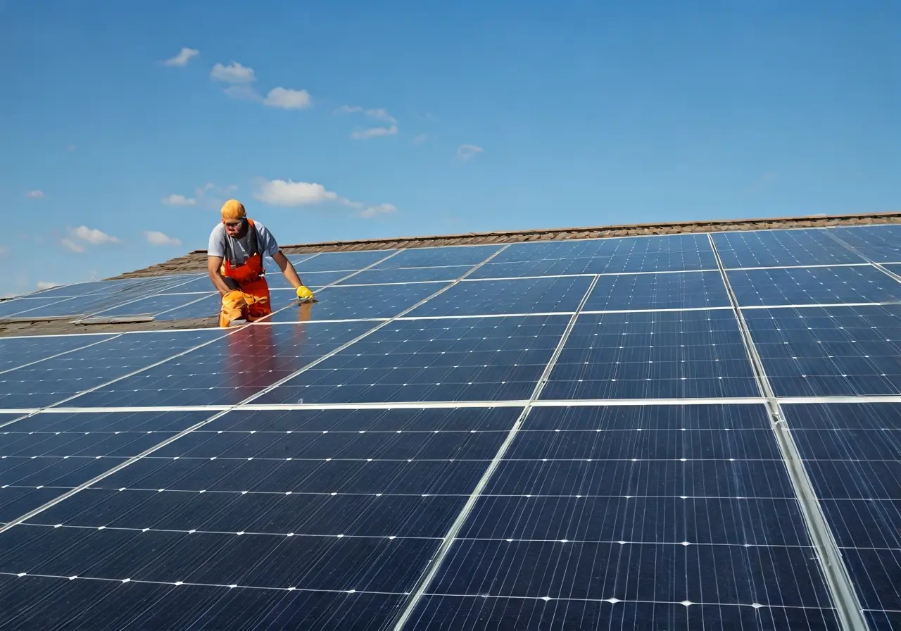 A roofer installs solar panels on a residential rooftop. 35mm stock photo