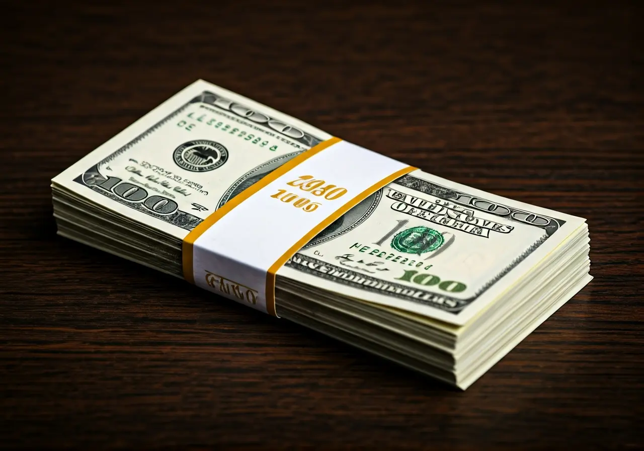 A stack of one hundred dollar bills tied with a band. 35mm stock photo