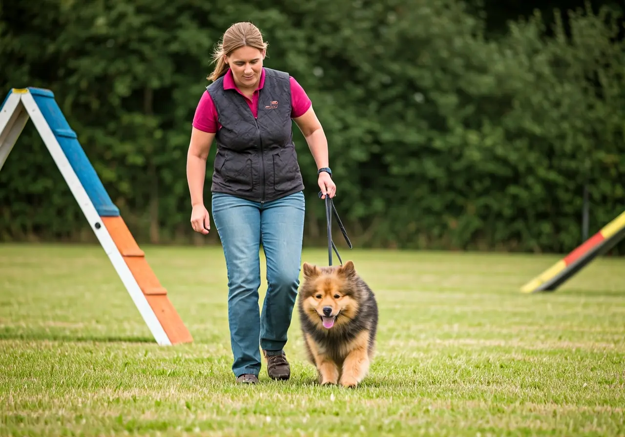 A trainer guiding a dog through an obstacle course. 35mm stock photo