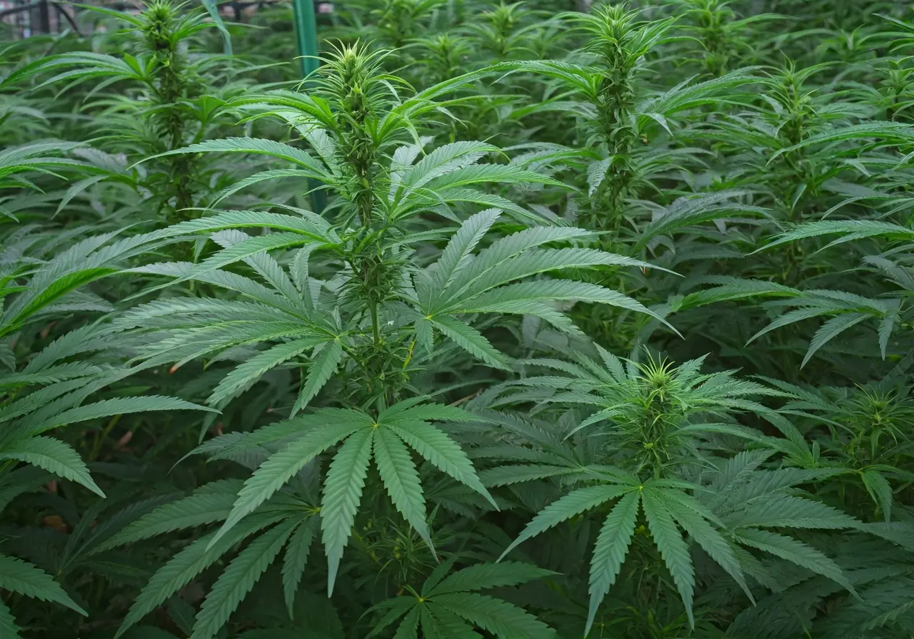 A lush cannabis farm with eco-friendly cultivation techniques displayed. 35mm stock photo
