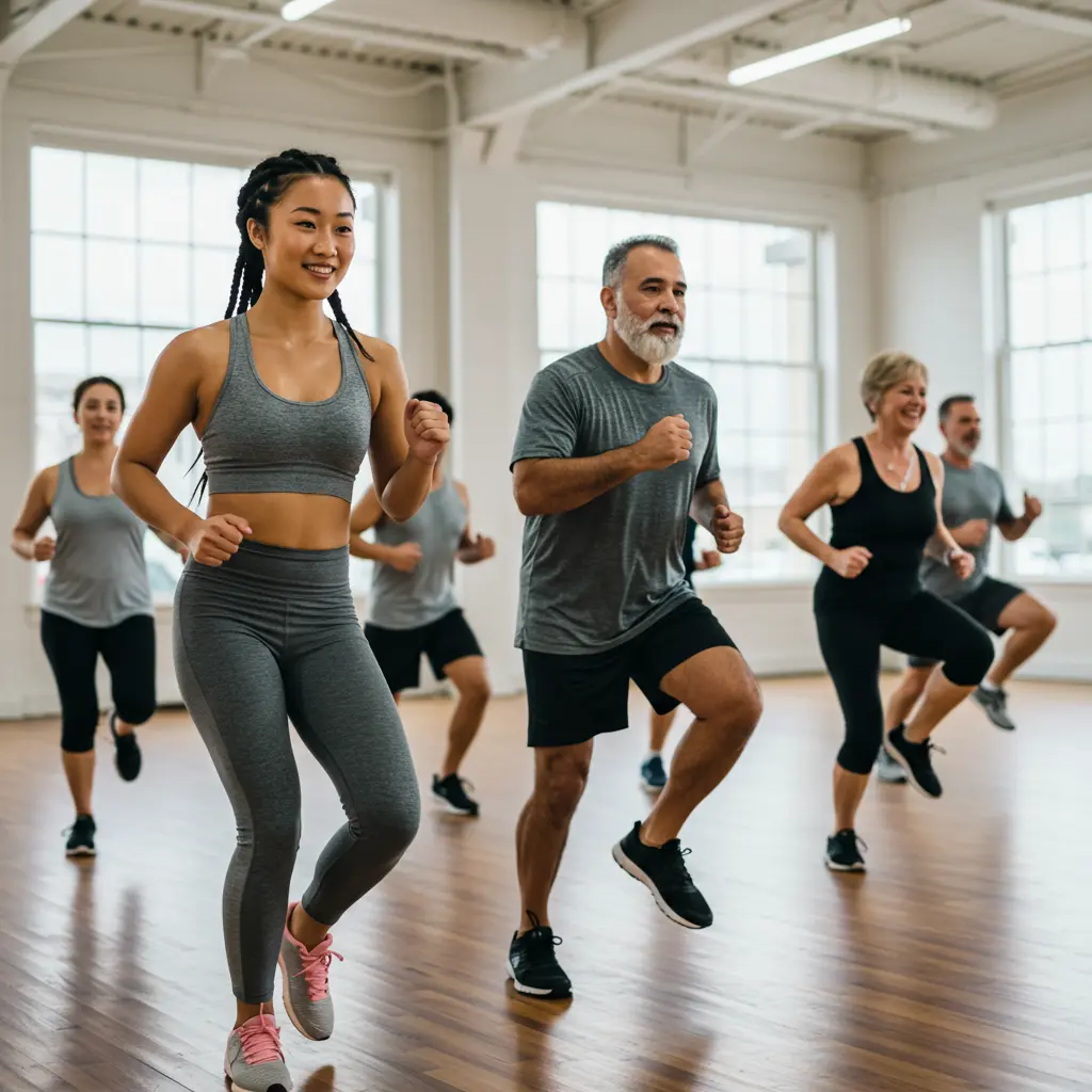Diverse group exercising in a light, open space.