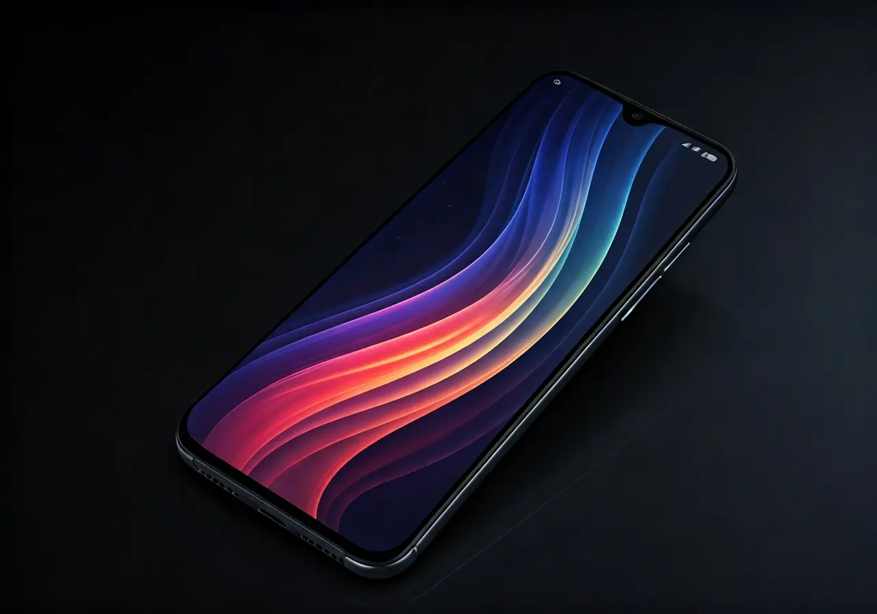 Close-up of a smartphone displaying a sleek, colorful interface. 35mm stock photo