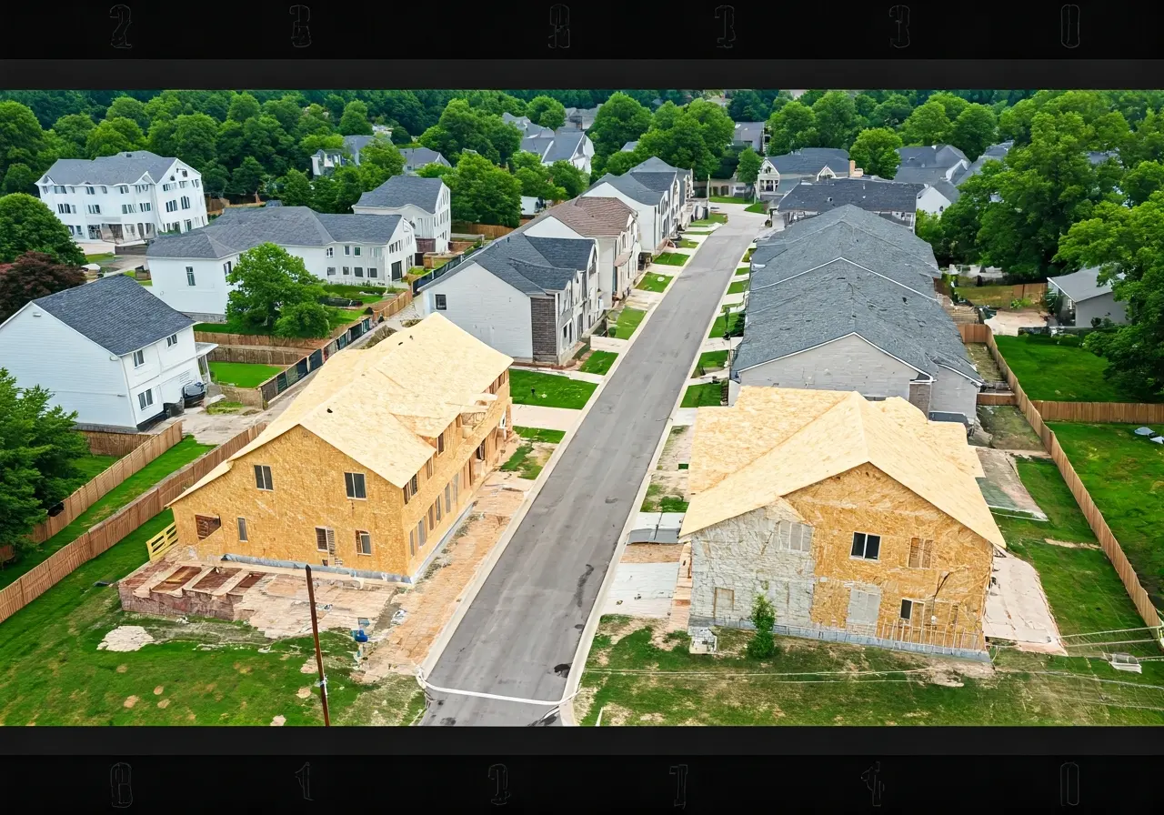Aerial view of suburban DC homes under renovation. 35mm stock photo