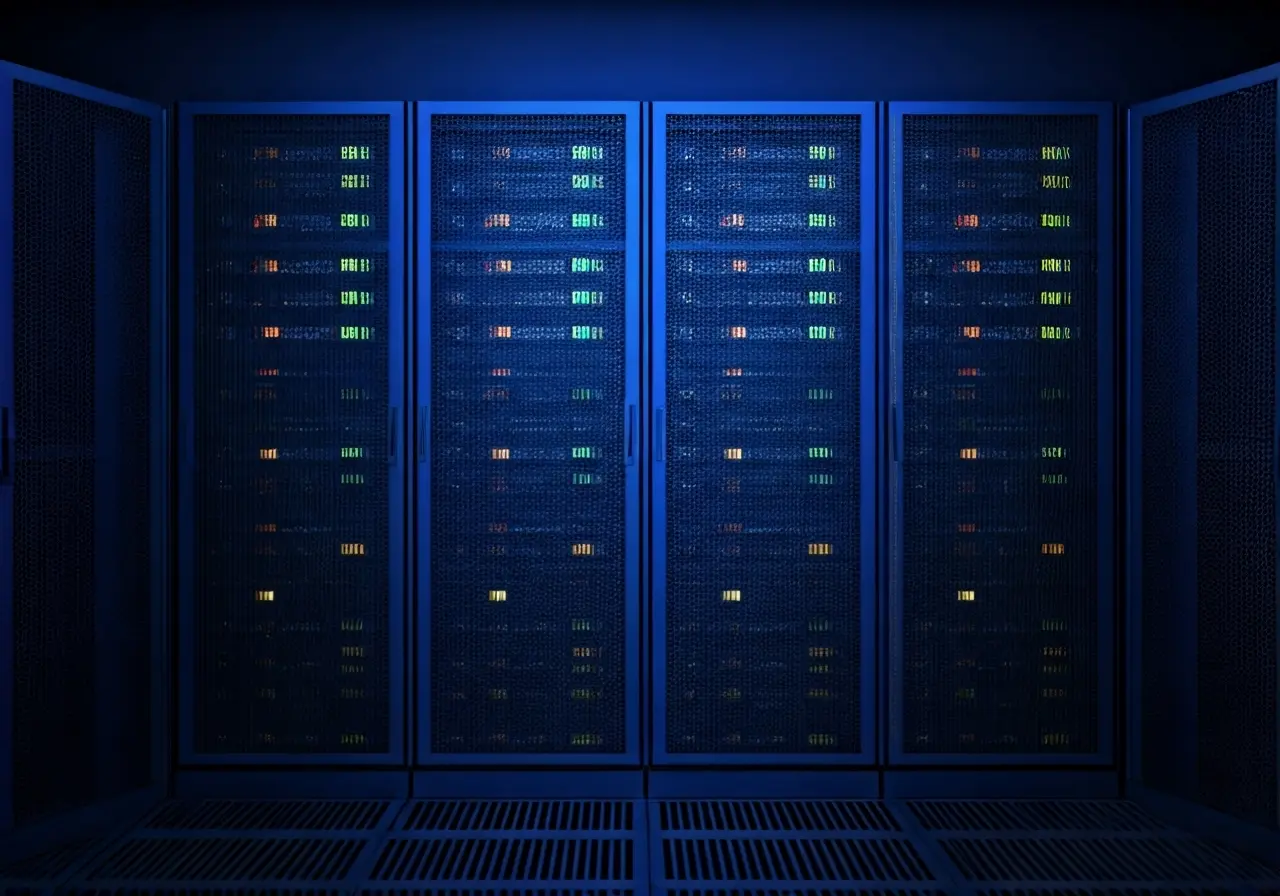 A futuristic server room with glowing blue lights. 35mm stock photo