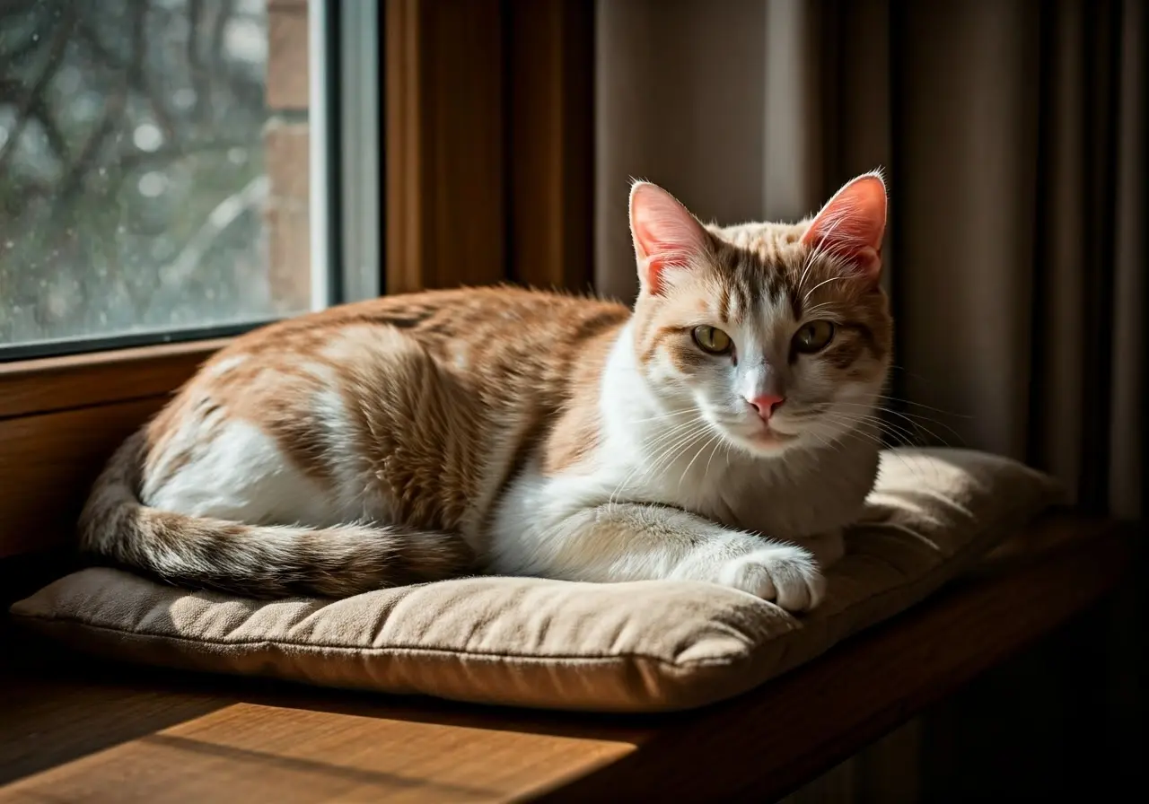 A cozy cat lounging on a sunlit windowsill pillow. 35mm stock photo