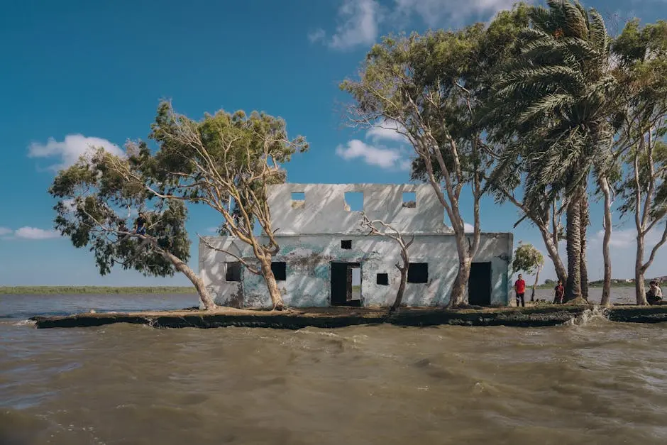 A flood impacts an abandoned house by the Nile River in Cairo, Egypt.