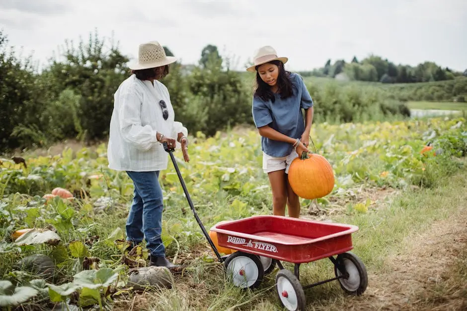 Two women harvest pumpkins in a lush countryside farm, showcasing rural agriculture and teamwork.