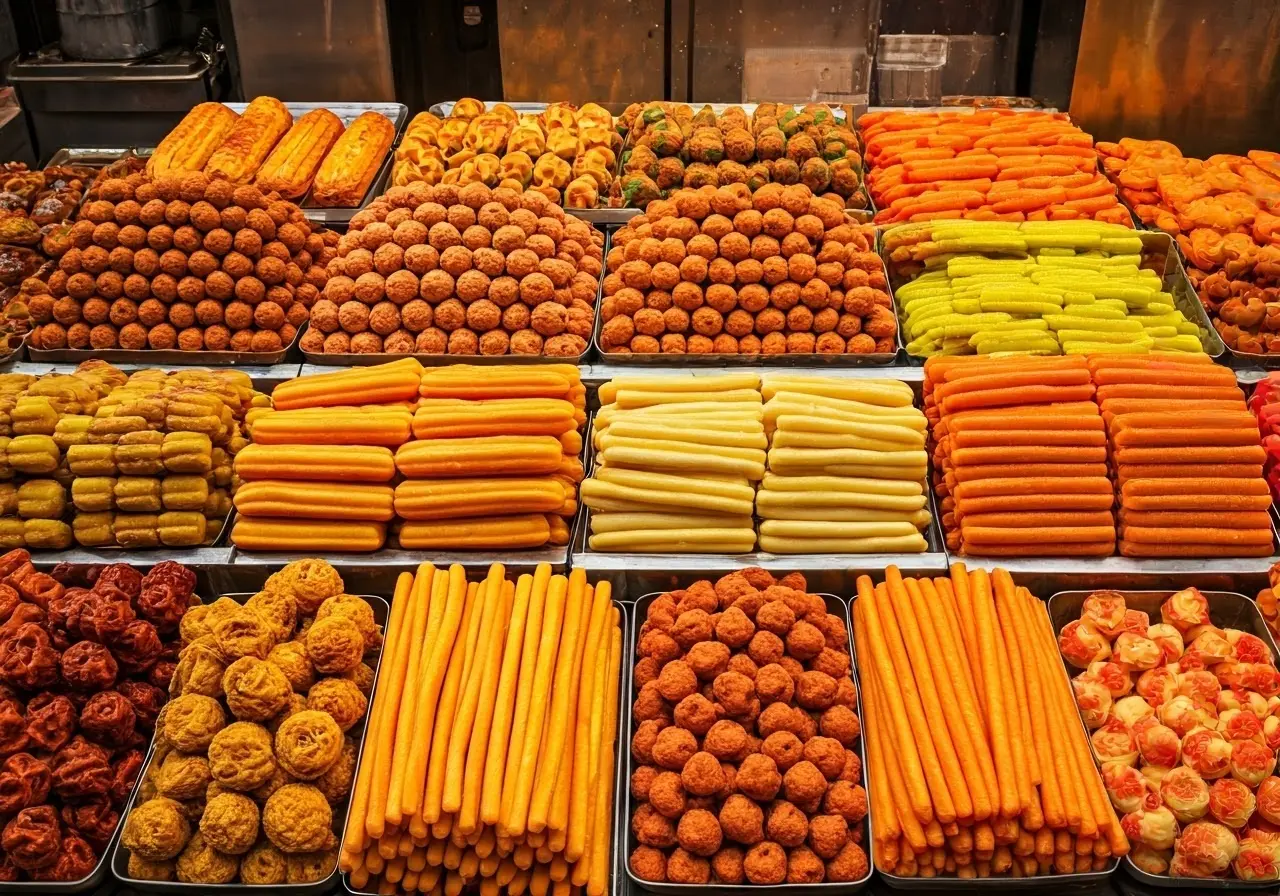 A variety of colorful Hong Kong street snacks on display. 35mm stock photo