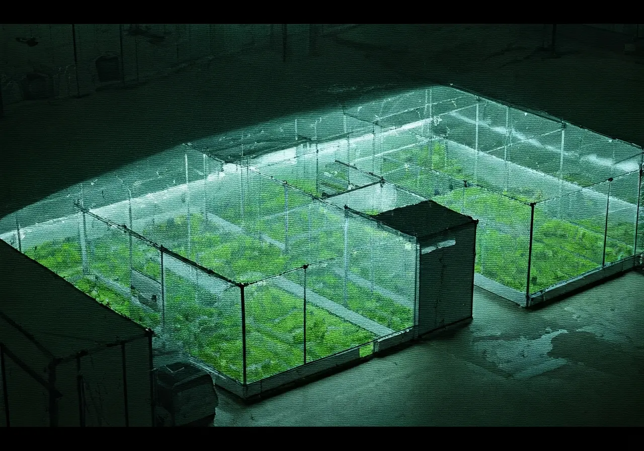 Aerial view of an indoor cannabis grow facility layout. 35mm stock photo
