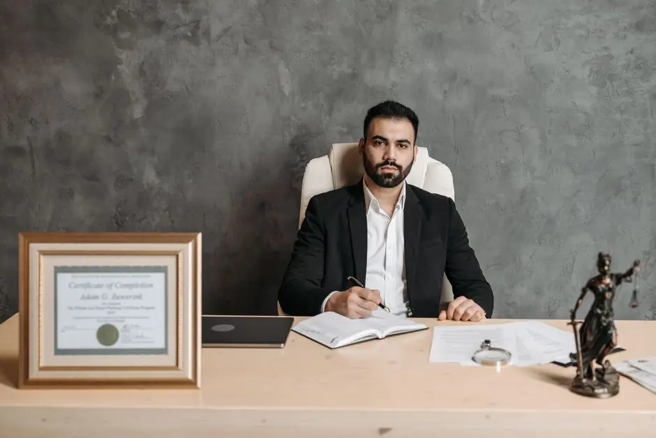 Confident man sitting at a desk surrounded by legal documents and a certificate.