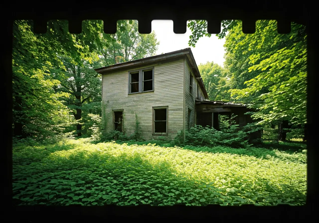 A dilapidated house surrounded by lush, green overgrowth. 35mm stock photo