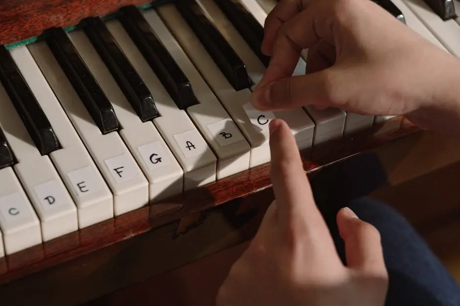 Hands labeling piano keys for beginners. Close-up of a finger pointing at a labeled key.