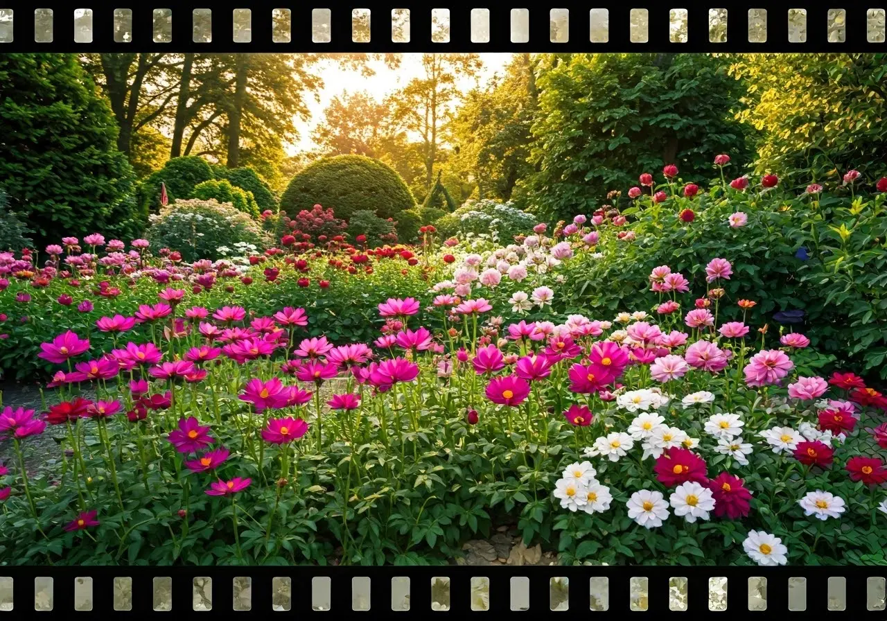 A serene garden with blooming flowers and gentle sunlight. 35mm stock photo
