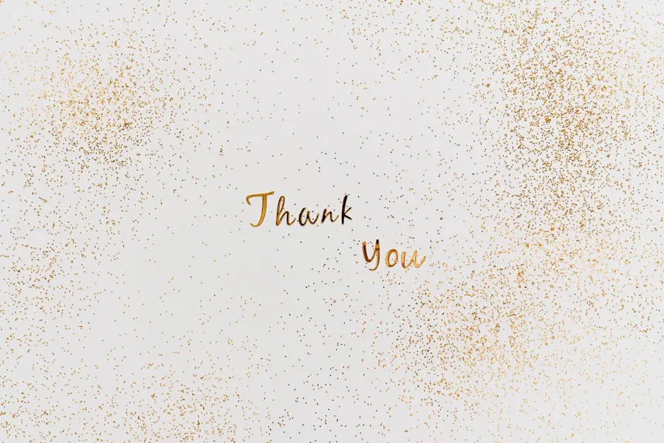 A stylish thank you card featuring gold glitter and elegant typography on a white background.