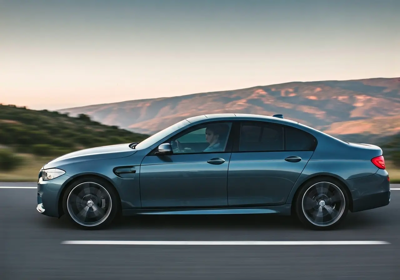 A sleek car with tinted windows on a scenic road. 35mm stock photo