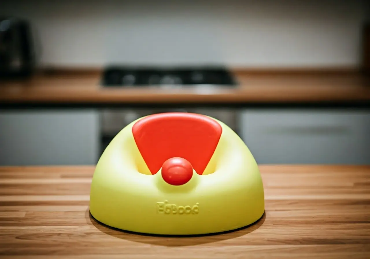 A colorful Bumbo seat on a modern kitchen countertop. 35mm stock photo