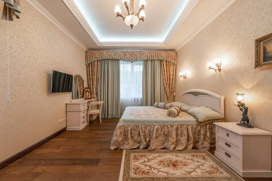 Luxurious bedroom interior with classic furniture and elegant decor.