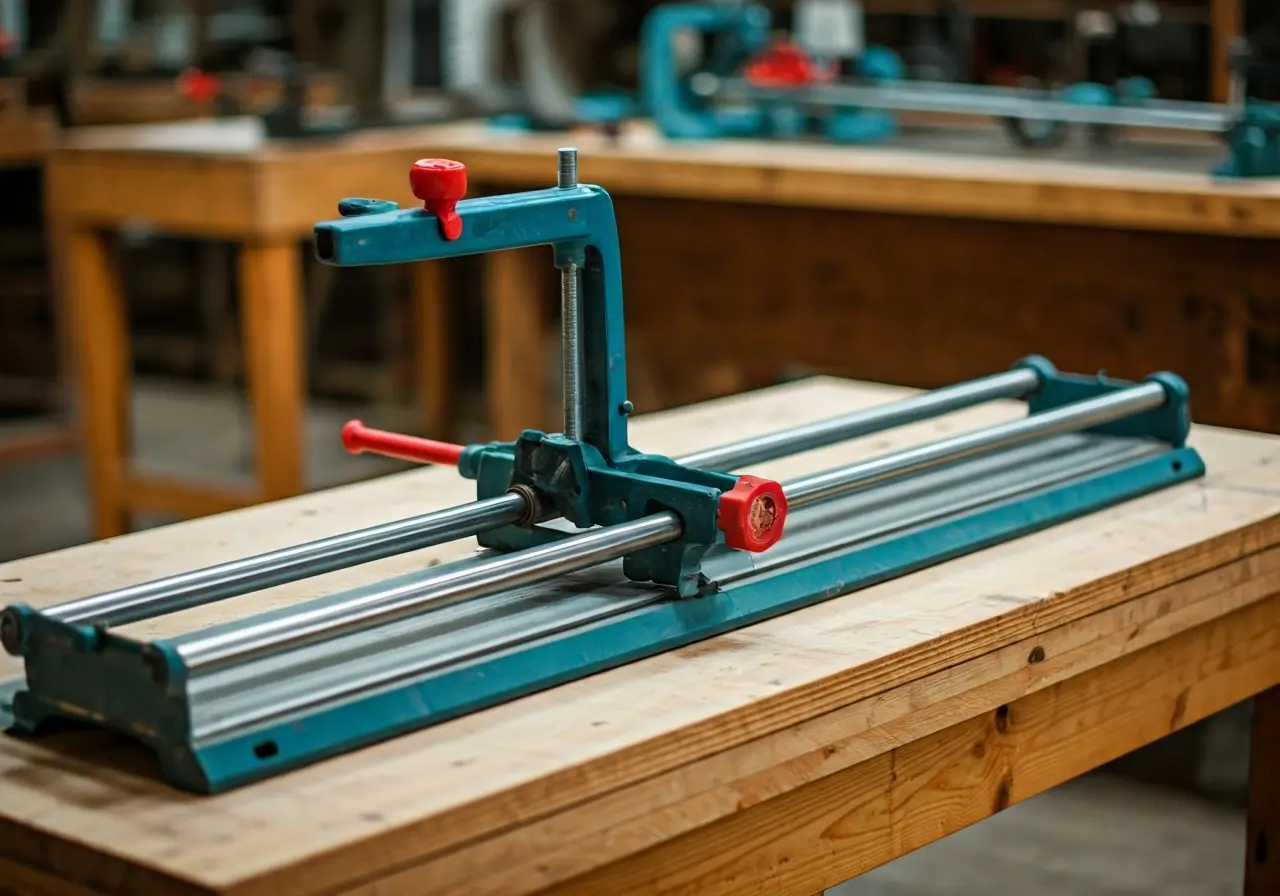 A modern, waterless tile cutter displayed on a wooden workbench. 35mm stock photo