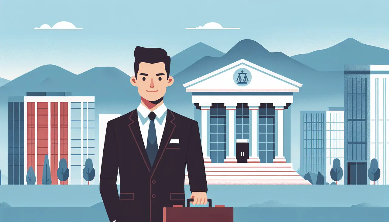 Draw a graphic in flat design style. A flat design illustration of a business professional holding a briefcase standing confidently in front of a courthouse, with cityscape and mountains in the background representing Glendale.